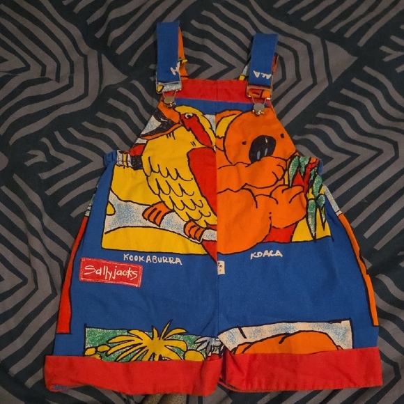 None Other - Vintage Kids Blue and Red Animal Print Overalls